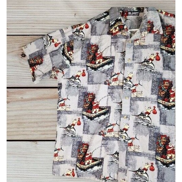 Reel Legends Santa Fishing‎ Riding Marlins Hawaiian Shirt XL pit to pit 26 in - Picture 5 of 6
